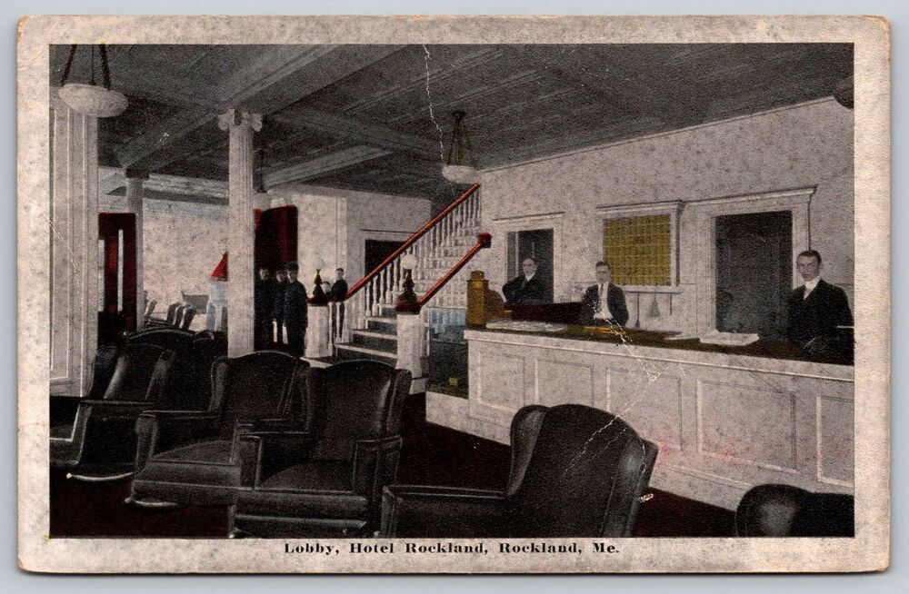 1917 Hotel Rockland Maine ME Lobby Interior Postcard 1915 Opening Date Postmark